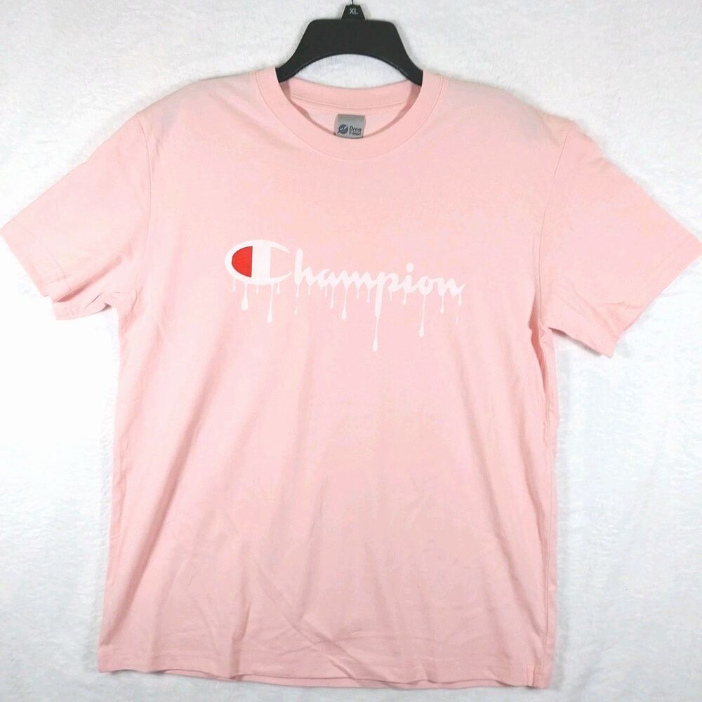 Champion Pink Shirt Mens Size Large Drip Logo Graphic Tee Short Sleeve Crew#E107